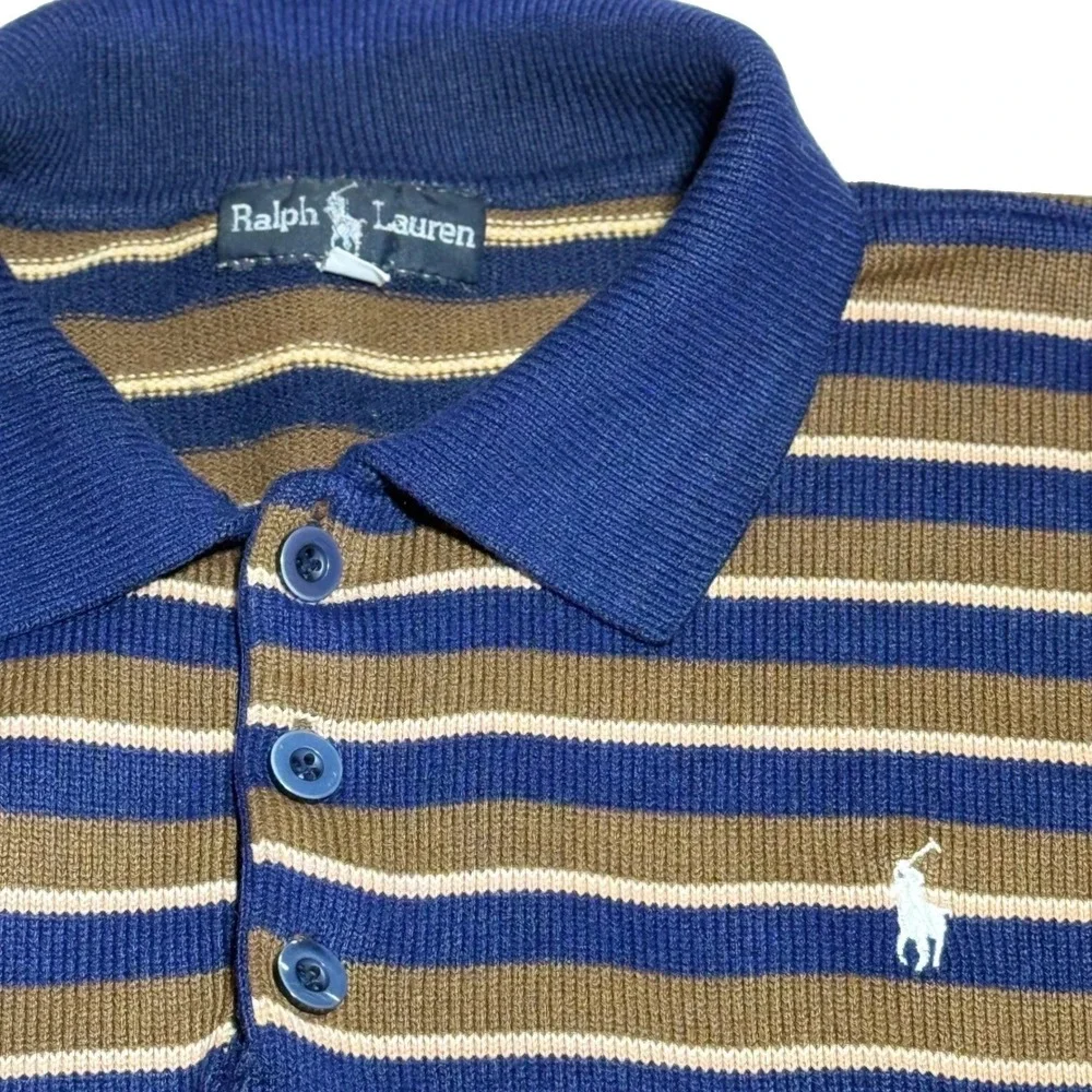 Ralph Lauren Polo black label Sweater L Striped Long Sleeve Knit Navy Brown Mens